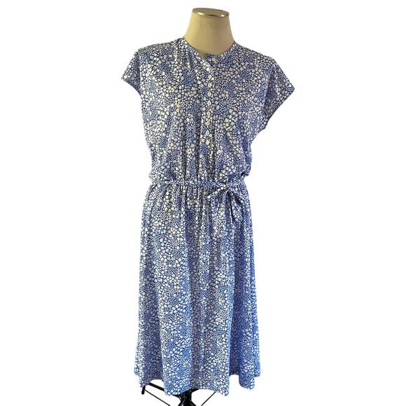 Vtg Blue Ditsy Floral Print Cinched Shirt Dress Cottagecore Plus Sz 16 Stretch - Picture 1 of 7